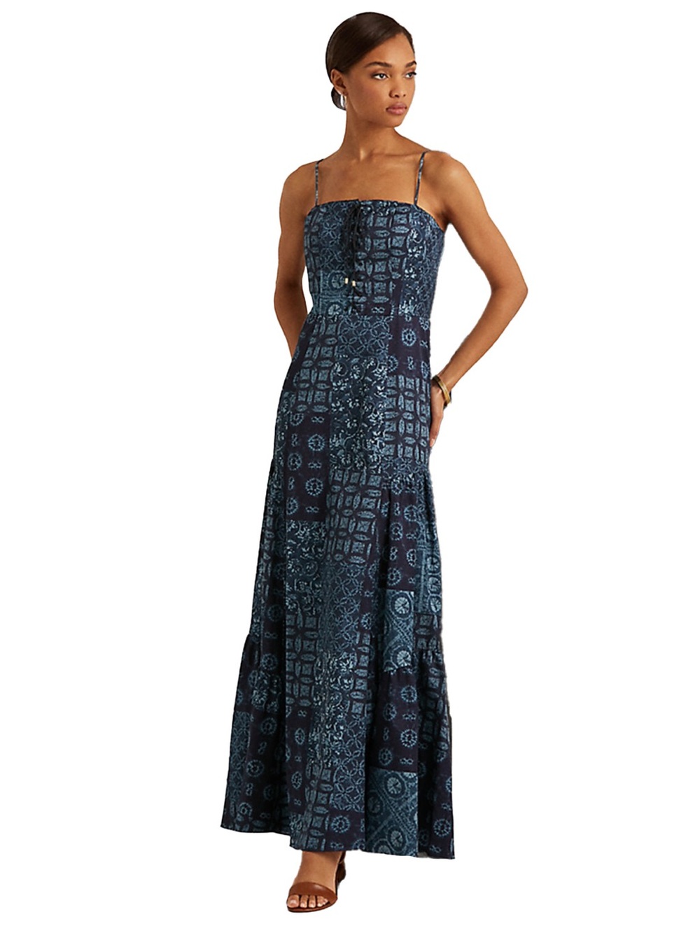 Lauren Ralph Lauren Blue Patchwork Crepe Sleeveless Gown Dress